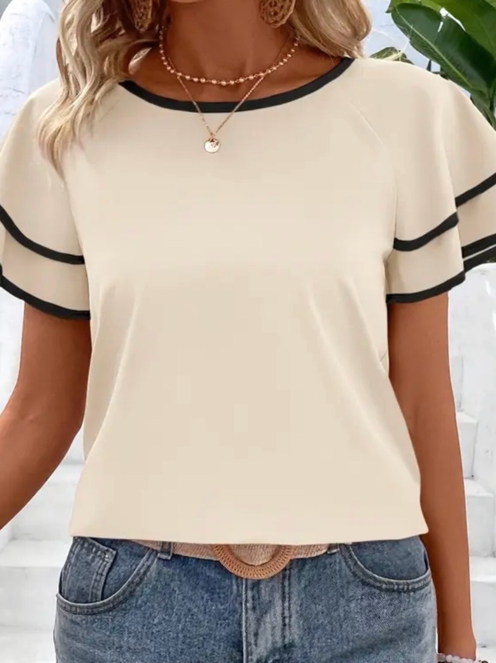 Cream Short Sleeve Top with Black Trim - Women's Tee